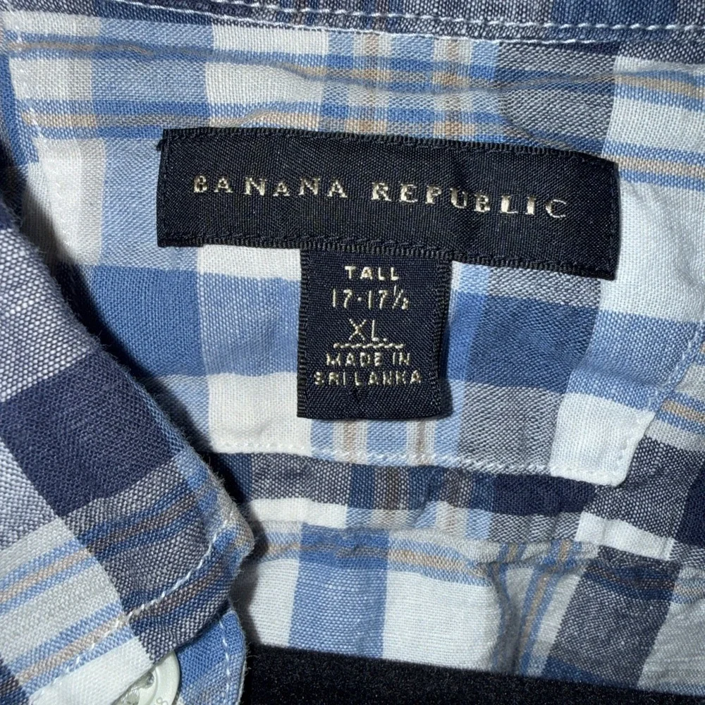 Banana Republic Shirt Men XL Tall Blue Cream Plaid Check Linen Blend Button Down